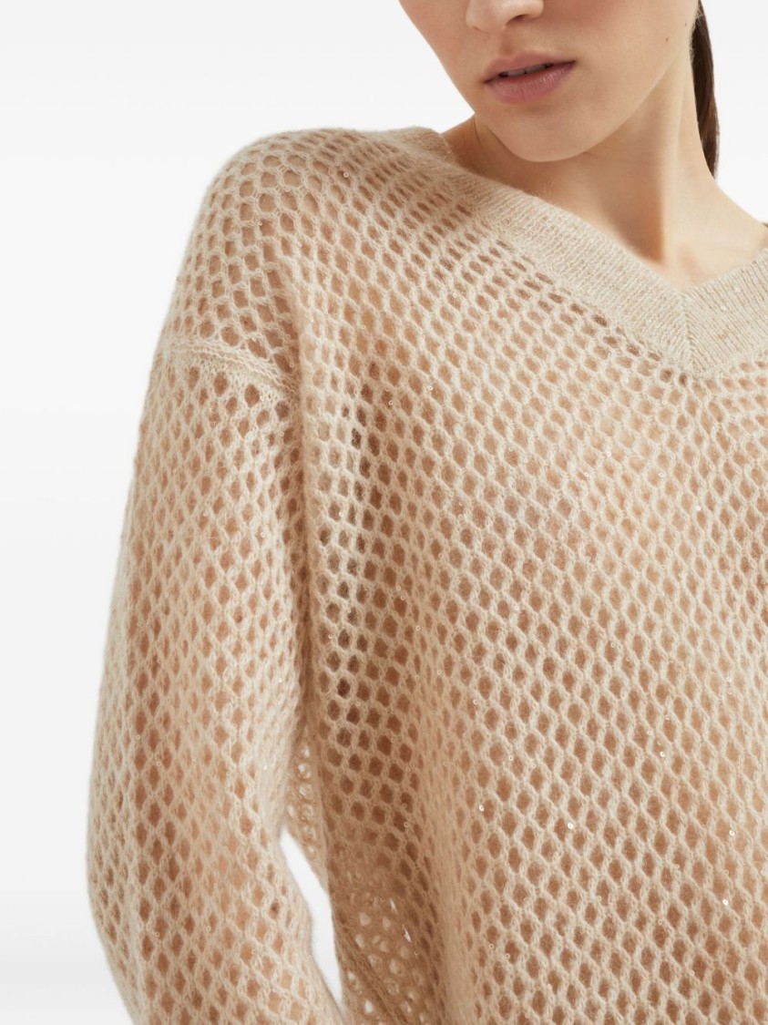 Brunello Cucinelli Deep V-neck Open Knit Sweater In Neutral