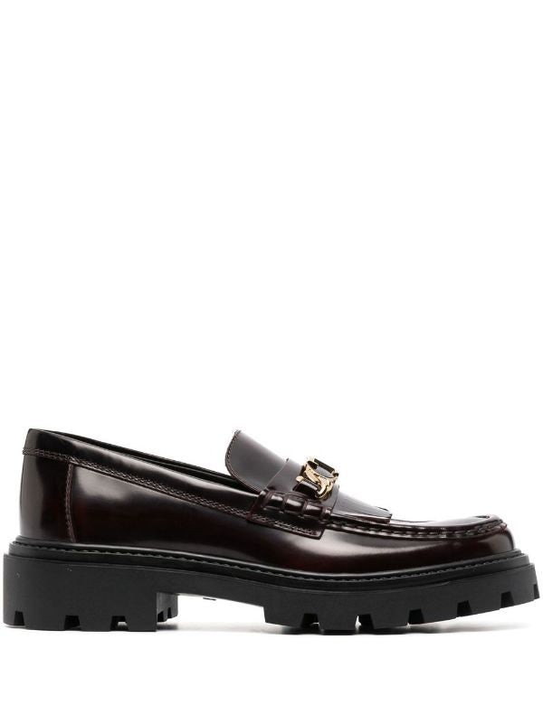 Tod's Leather Loafers With Gold-tone Chain Detail In Burgundy