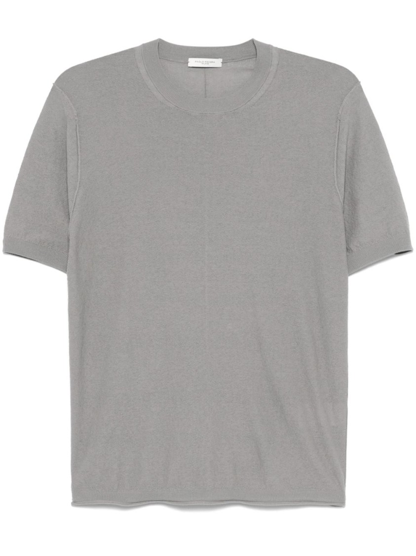 Paolo Pecora Grey Slub Knit T-shirt With Decorative Stitching In Animal Print