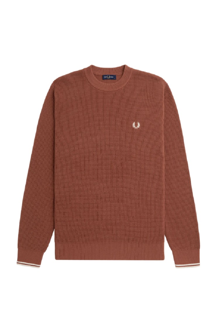 Fred Perry Textured Honeycomb Crew Neck Sweater In Brown