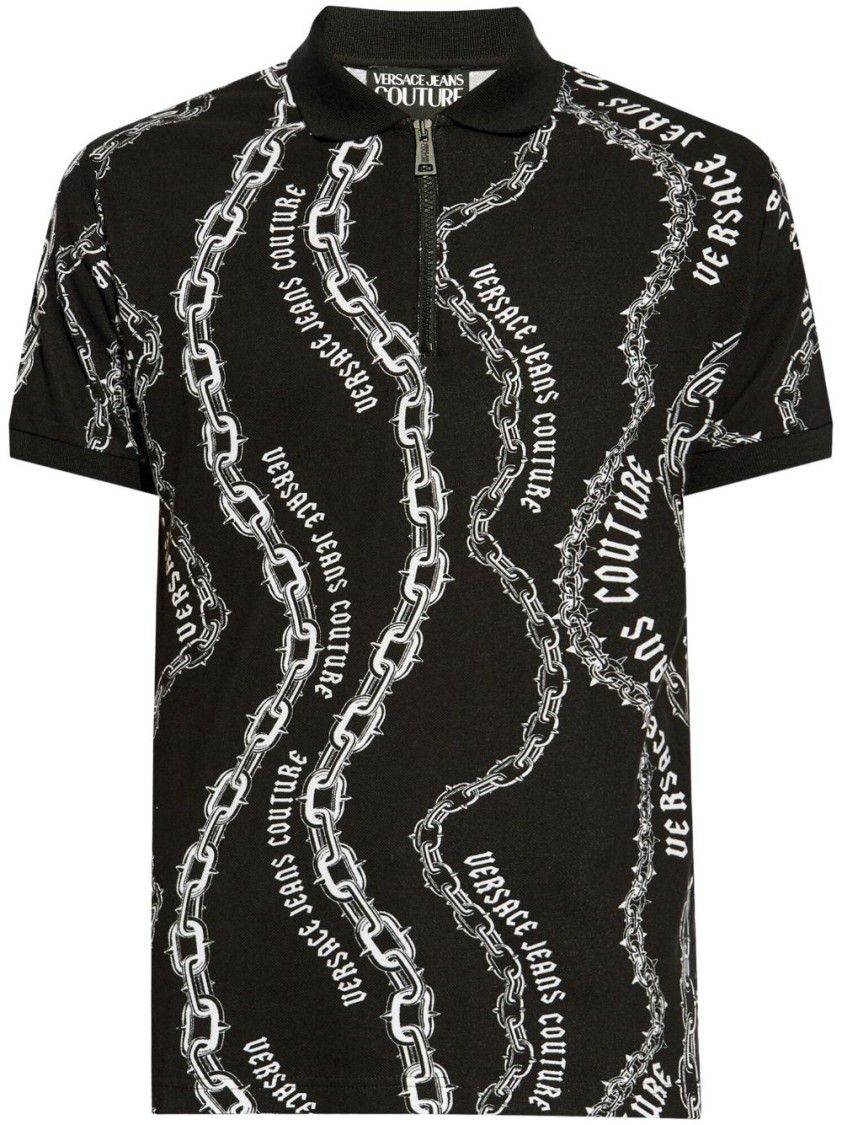 Shop Versace Jeans Couture Black Polo Shirt With Chain Pattern