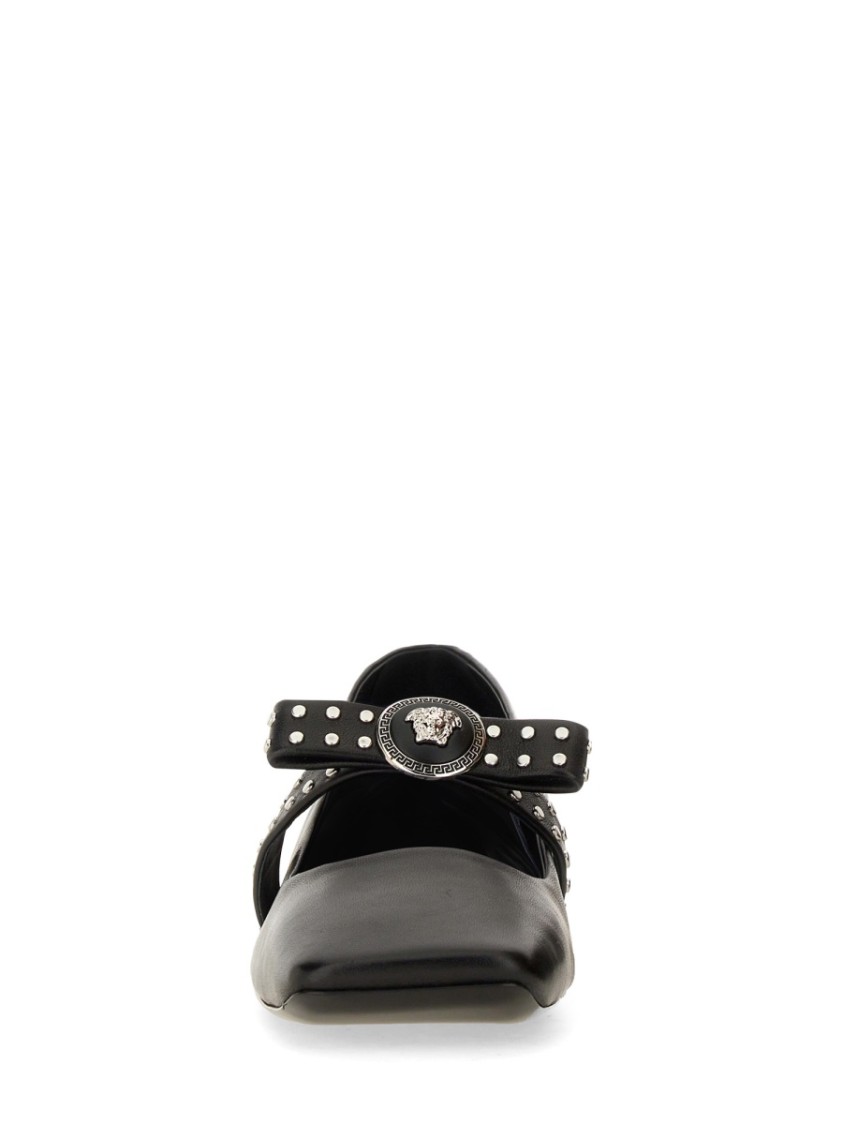 Versace Gianni Ribbon Leather Ballerina Flats With Studded Bow In Black