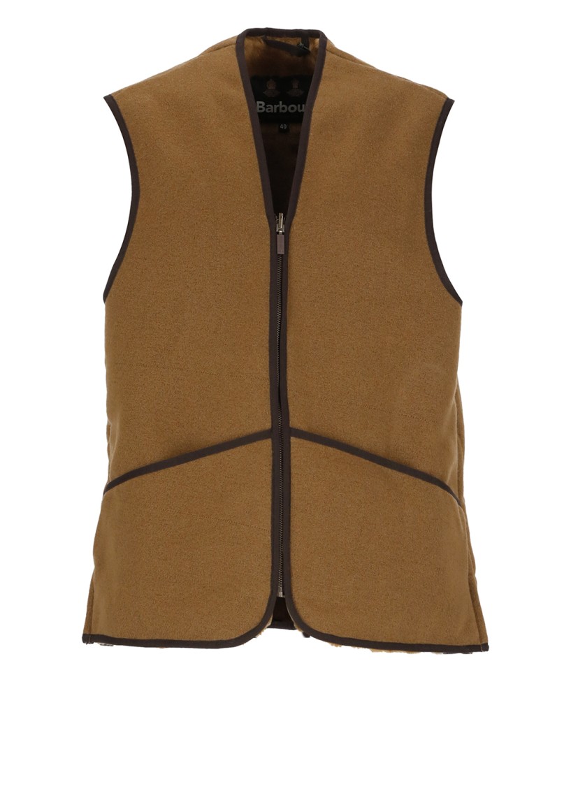 Barbour Sleeveless Tailored Jacket With Textured Fabric And Contrasting Trim In Brown