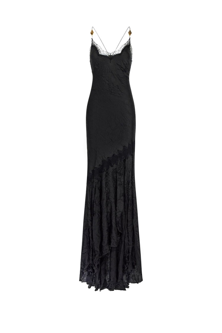 Shop Roberto Cavalli Asymmetrical Hem Evening Dress With Crinkled Texture In Black
