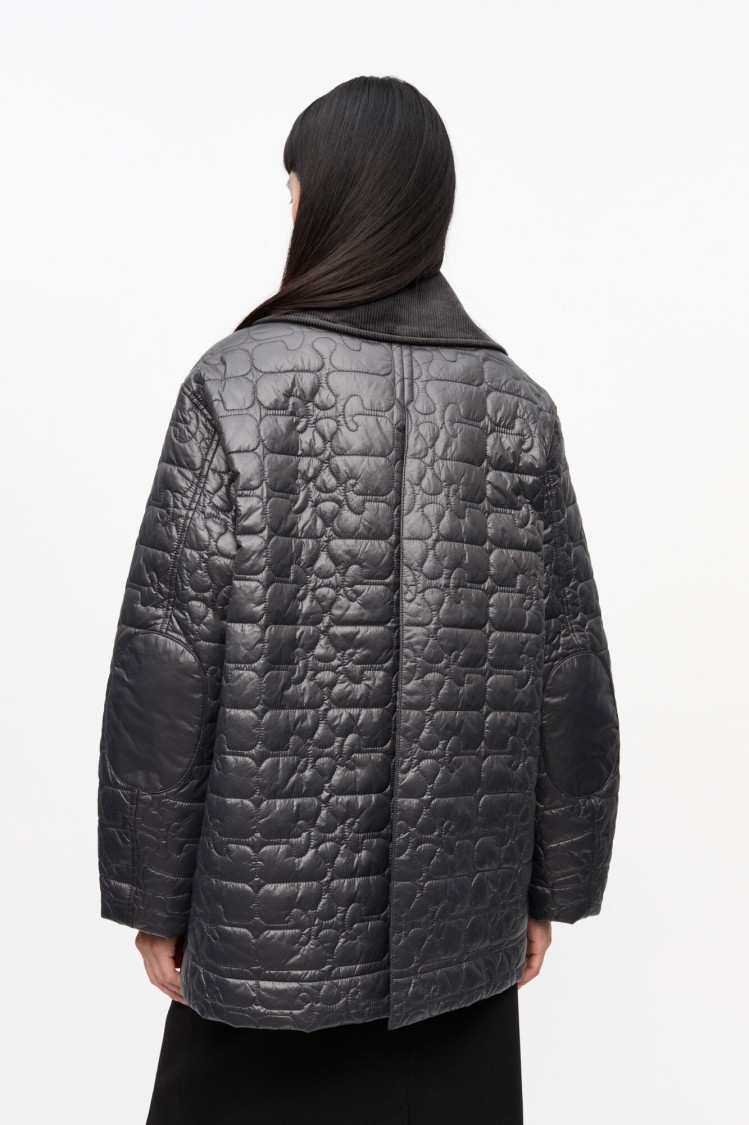 Ganni Shiny Black Quilted Midi Jacket With Pointed Collar