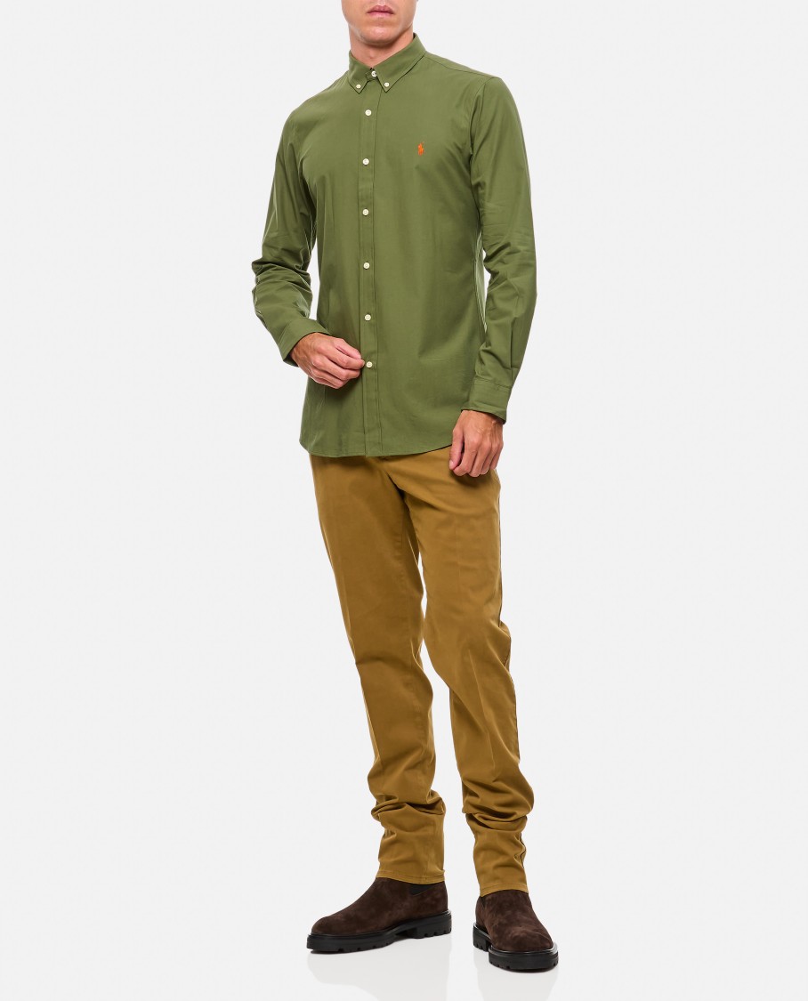 Polo Ralph Lauren Olive Green Cotton Shirt With Signature Polo Pony Motif In Green