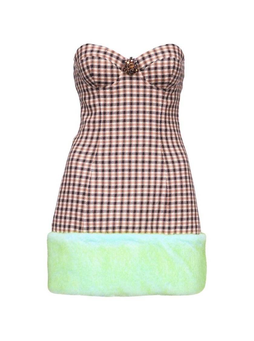 AREA AREA FAUX FUR TRIM STRAPLESS MINI DRESS