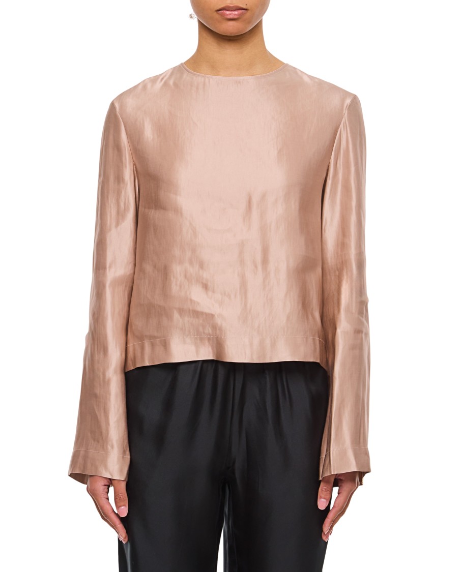 Shop Loulou Studio Silk And Linen Round Neck Blouse In Pink