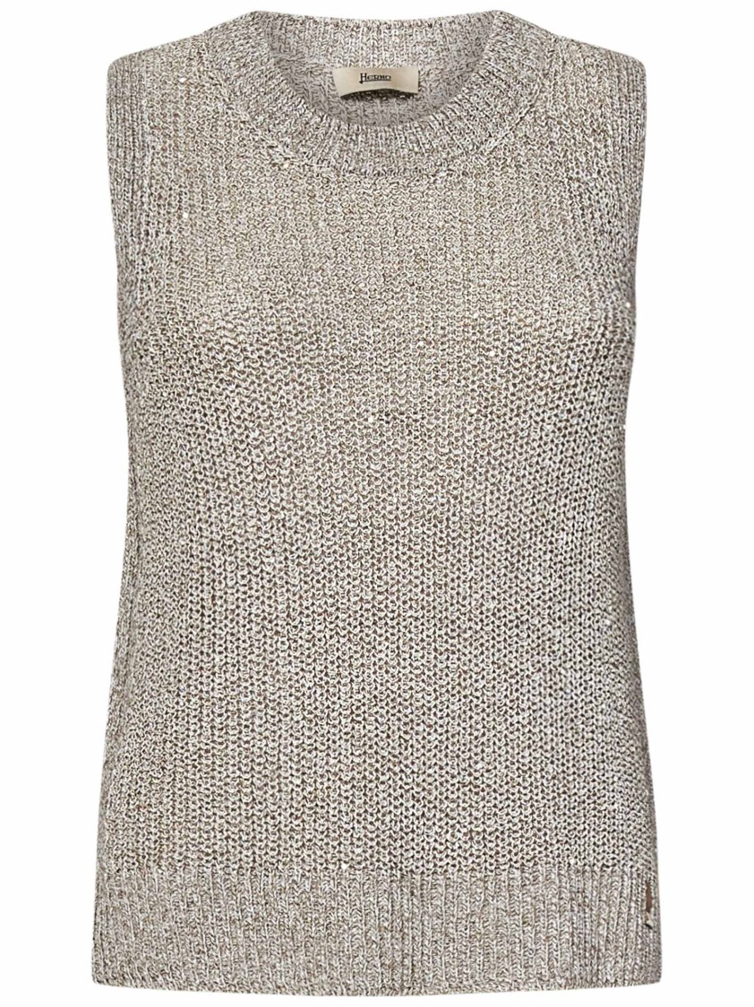 Herno Beige Embroidered-sequin Vest With Glitter Knit Finish
