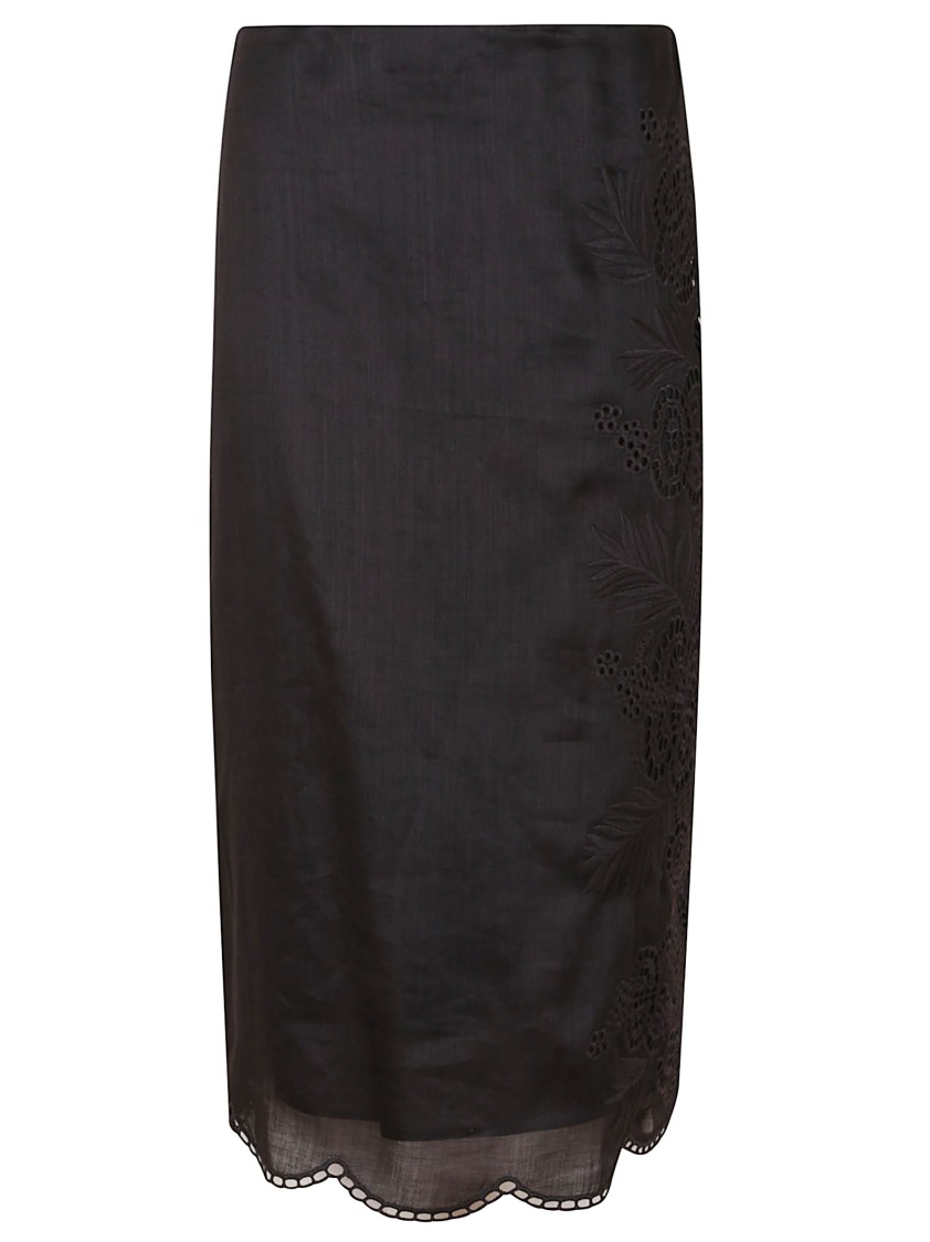 Max Mara Intricate Embroidered Black Midi Skirt With Scalloped Hem In Black