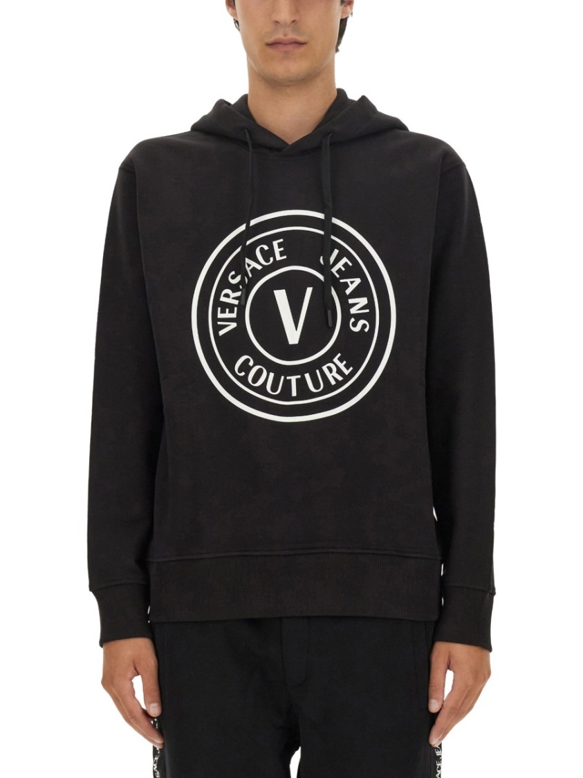 Shop Versace Jeans Couture Logo-emblazoned Black Sweatshirt With Classic Hood