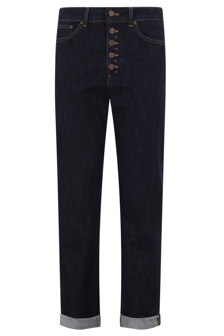 Dondup Cropped Dark Blue Denim Jeans With Jewel Button Closure In Black