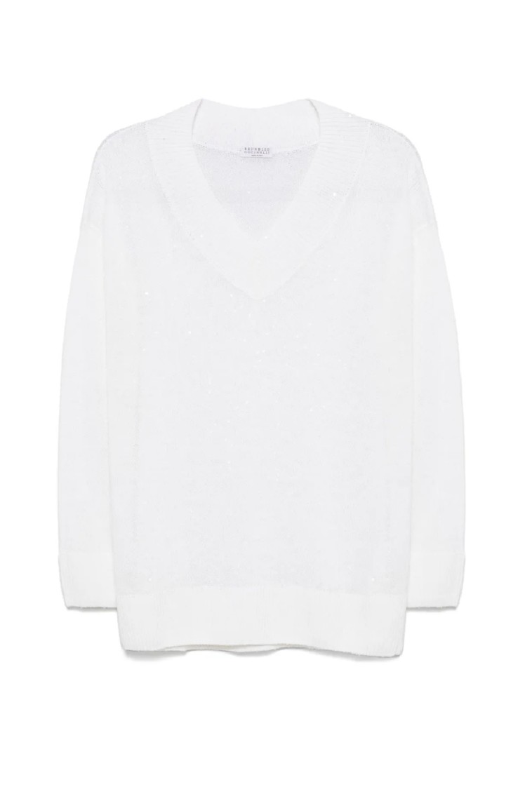 Brunello Cucinelli Relaxed Fit Lightweight Sweater With Deep V-neckline In White