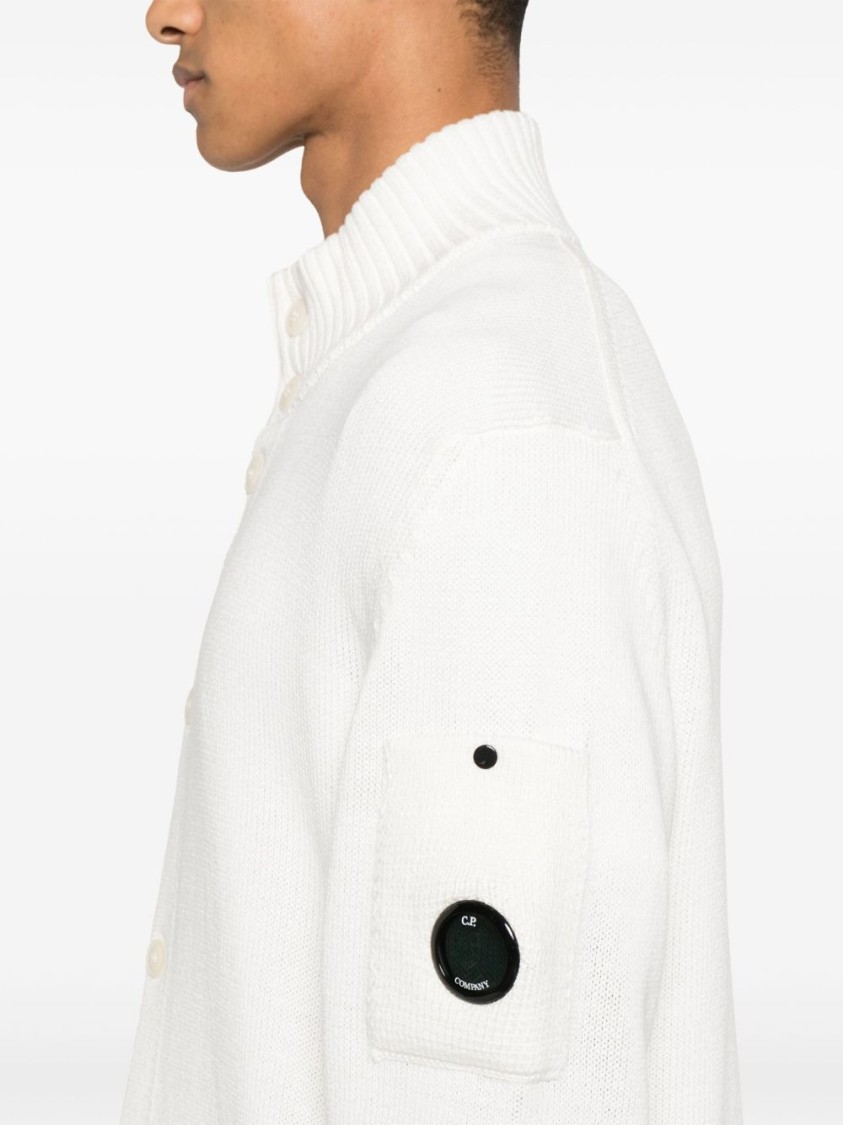 C.p. Company White Cardigan With High Neck And Lens Motif Applied On The Sleeve In Cotton Man