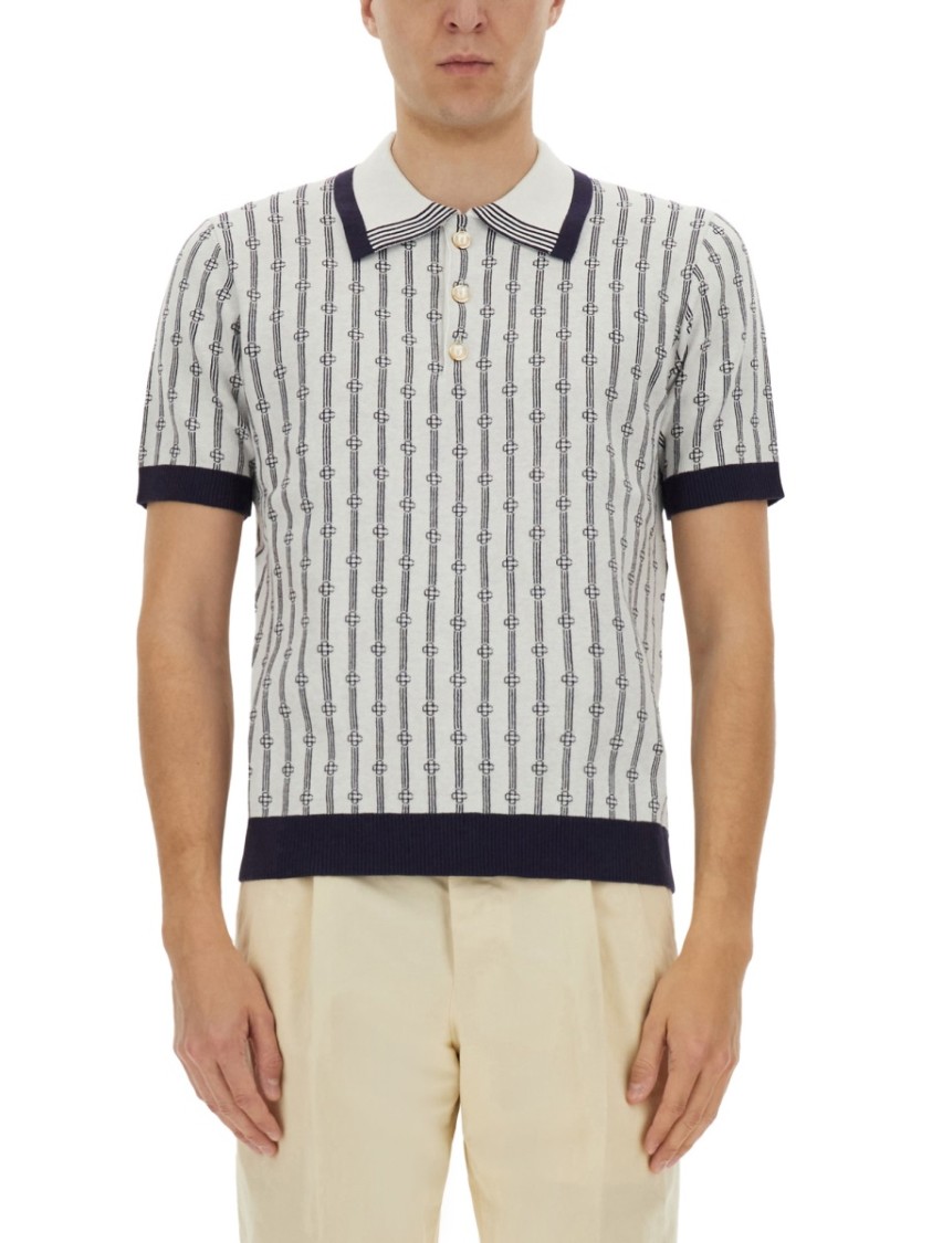 Casablanca White Polo With Classic Collar And All-over Logo Motif In Cotton Man In Neutrals