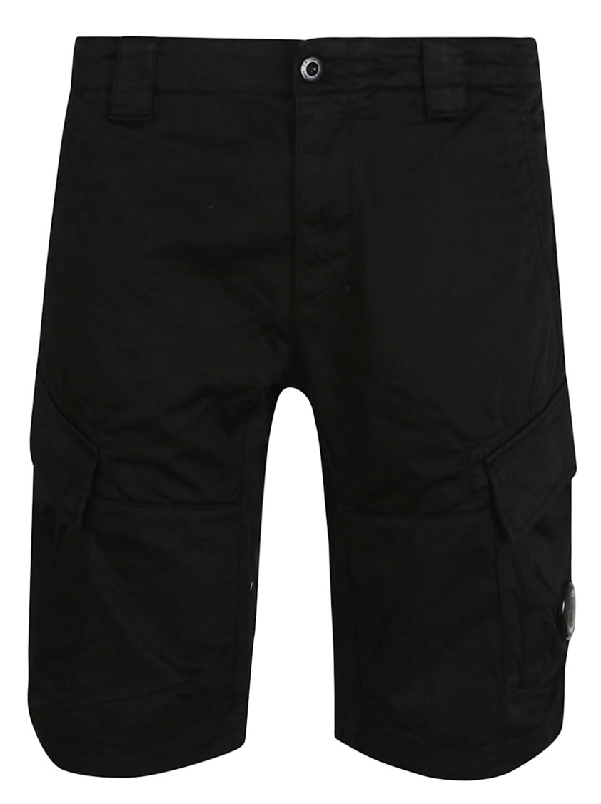Shop C.p. Company Black Stretch Satin Cargo Shorts With Iconic Lens Detail
