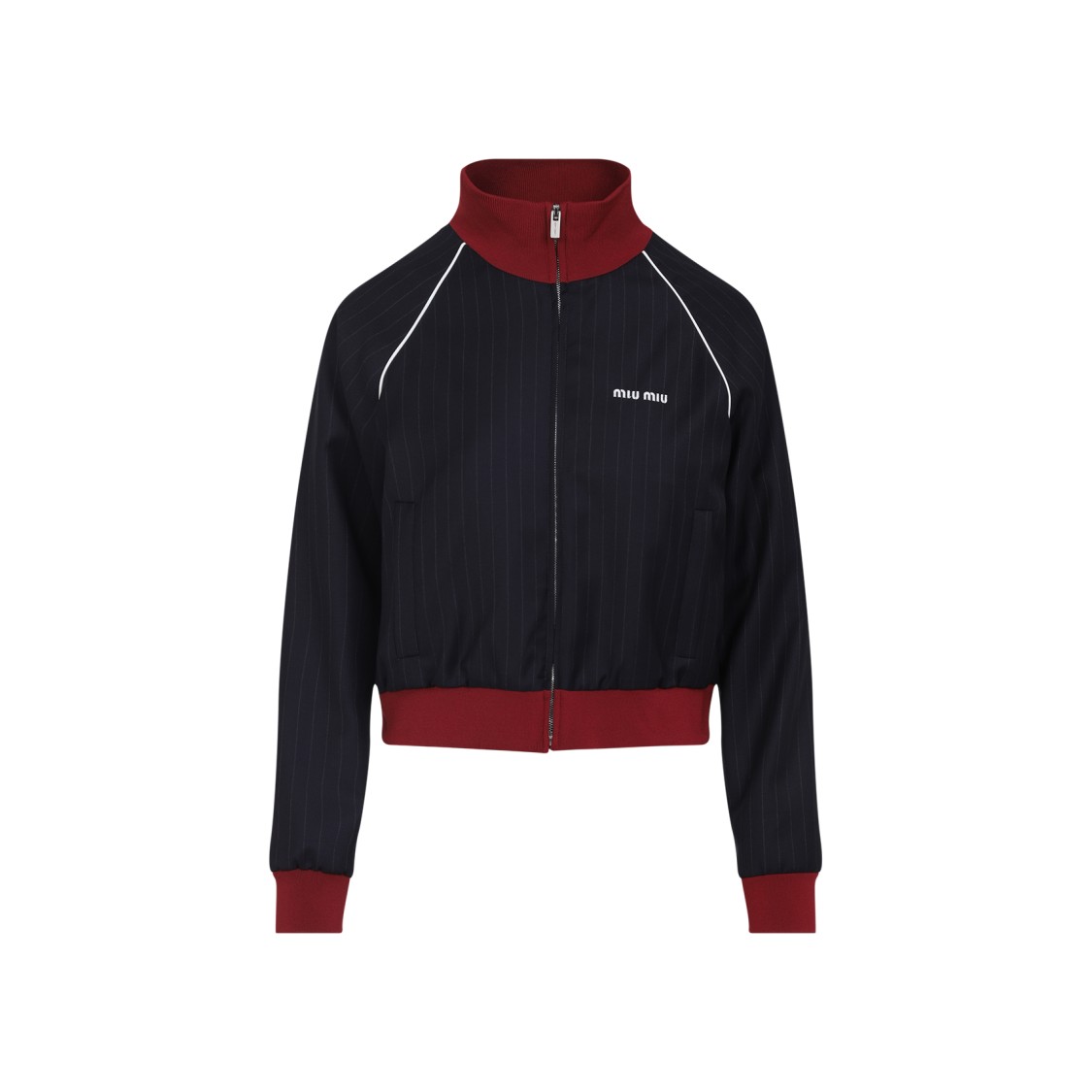 Miu Miu Cropped Pinstripe Jacket With High Collar In Black