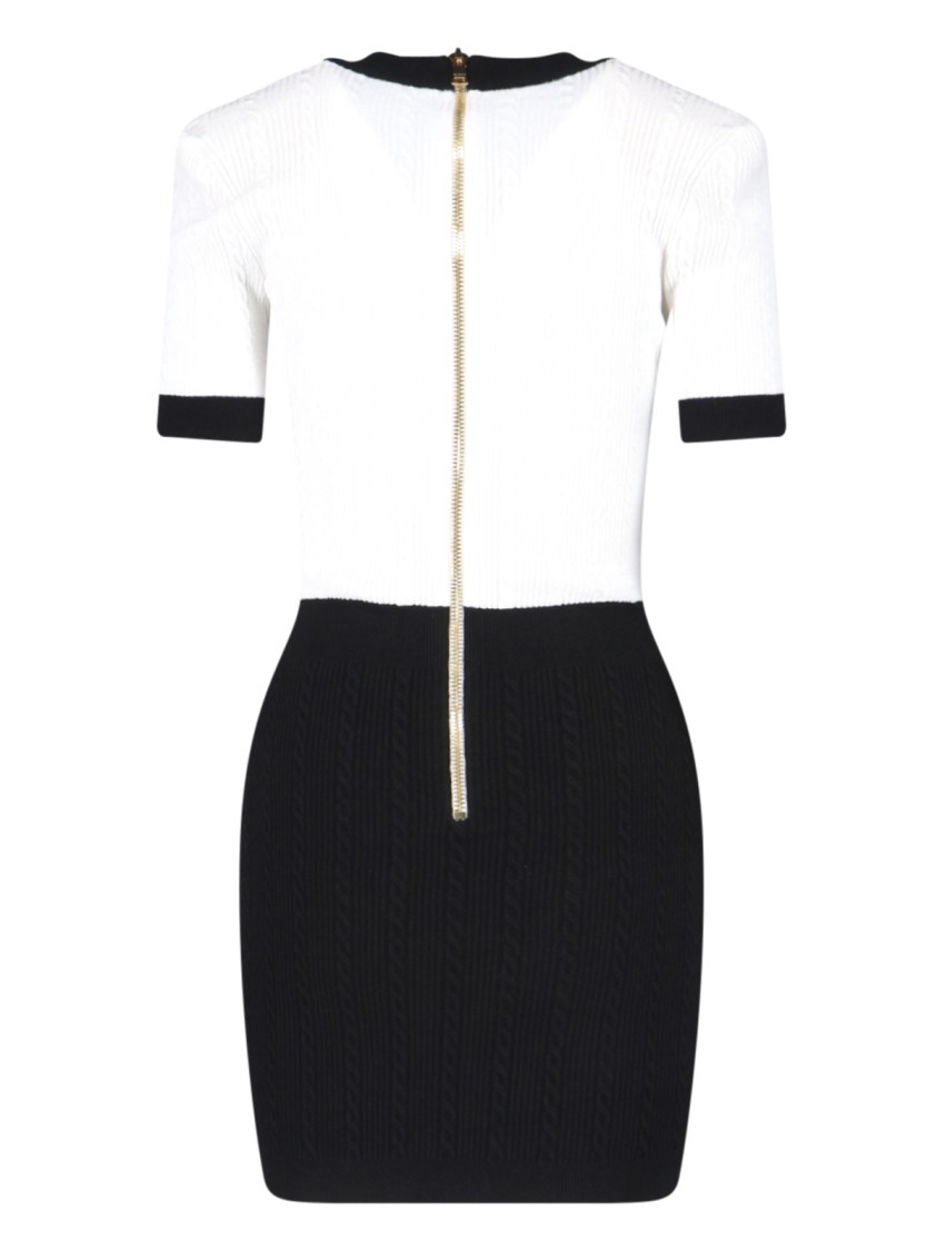 Balmain V-neck Buttoned Strong-shoulder Torsade Knit Mini Dress