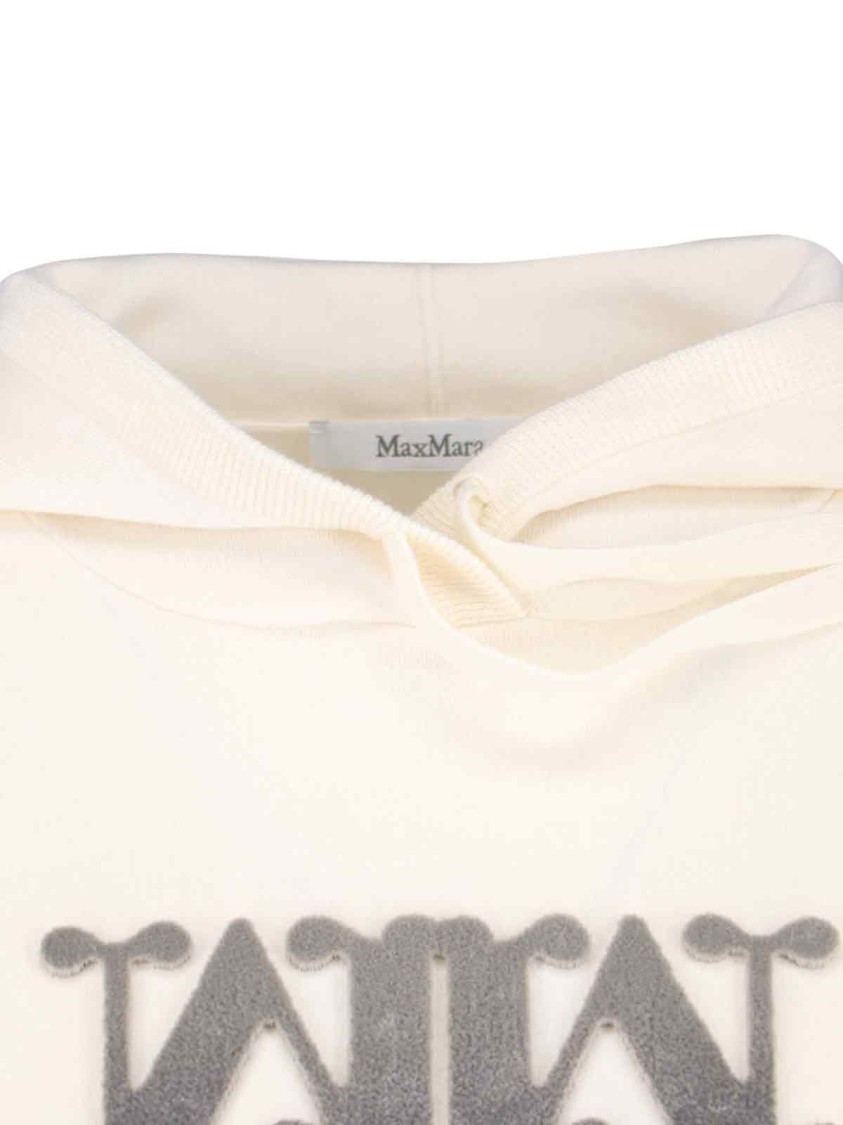Max Mara Virgin Wool Hoodie With Teddy Texture And Contrast Logo In Neutral