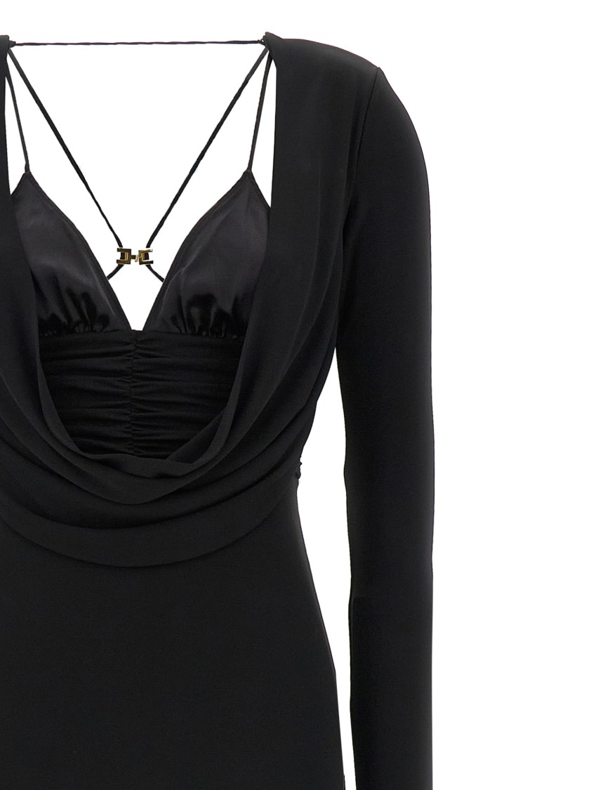 Elisabetta Franchi Draped Black Maxi Dress With Deep Neckline In Black