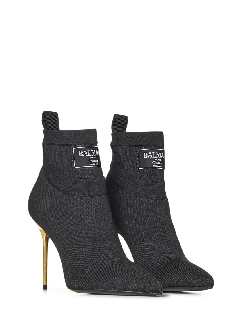 Balmain Black Stretch Knit Ankle Boots With Gold Lacquered Stiletto Heel In Black