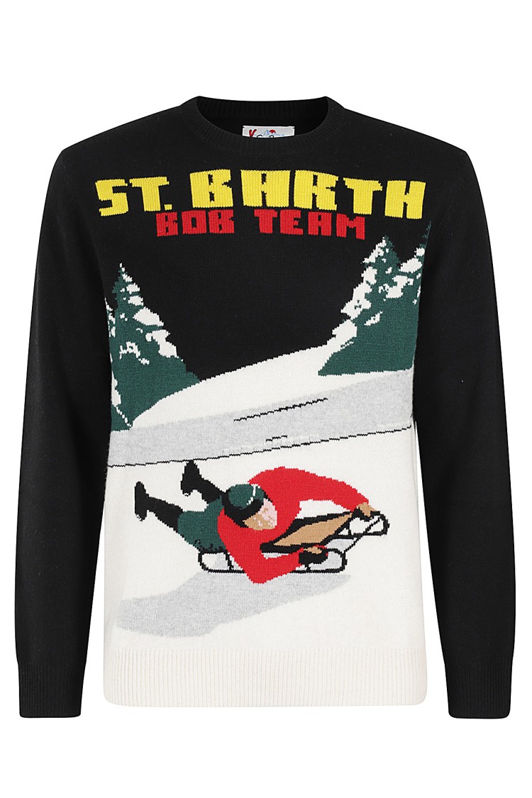 Shop Mc2 Saint Barth Black Crewneck Sweater With Playful Bob Embroidery