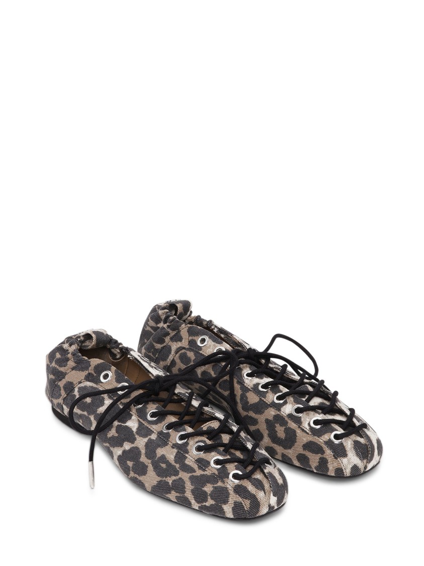 Ganni Denim Print Lace-up Ballerina Flats With Leopard Pattern In Black