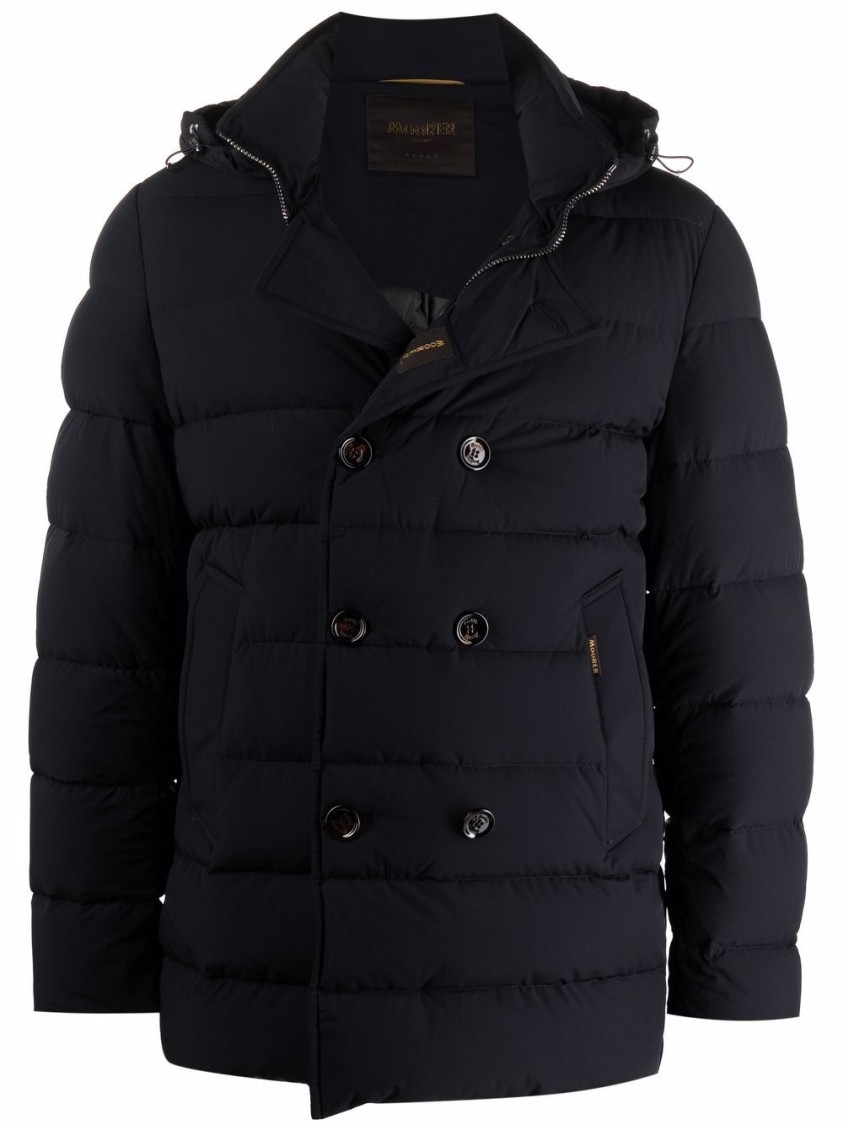 Moorer High Neck Double-breasted Parka With Detachable Hood In Black
