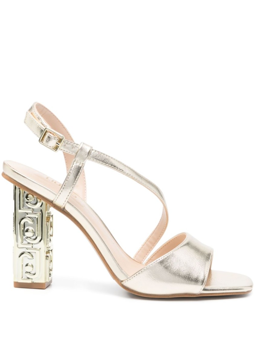 Shop Liu •jo Liu Jo Strappy Sandals With Geometric Block Heel And Glossy Finish In Neutrals