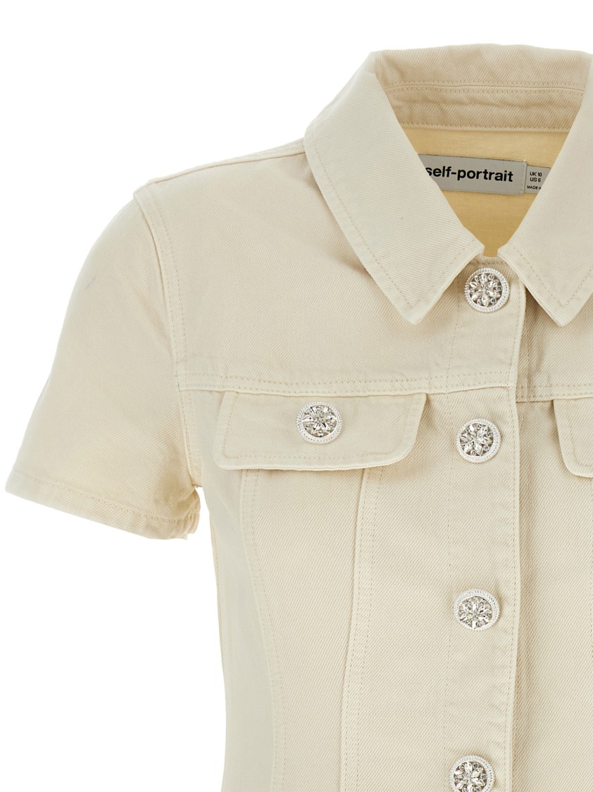 Self-portrait Structured Beige Dress With Classic Collar And Flap Pockets In White