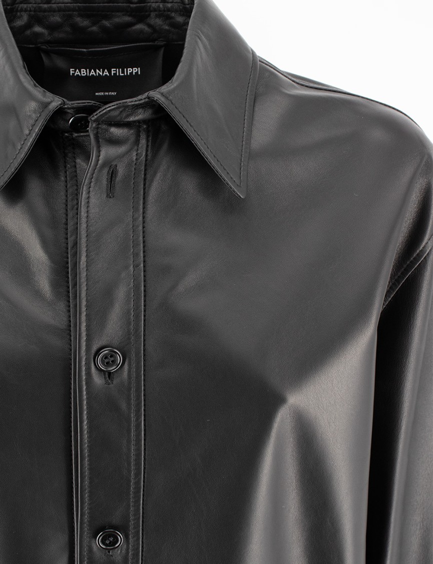 Shop Fabiana Filippi Black Oversized Leather Blouse With Button Fastening