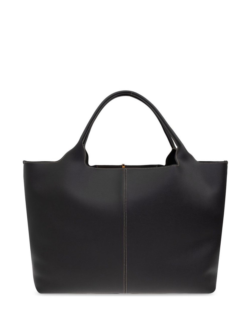 Tod's Black Shopper With Two Top Handles And Metal Bar With Logo In Leather Woman In Black