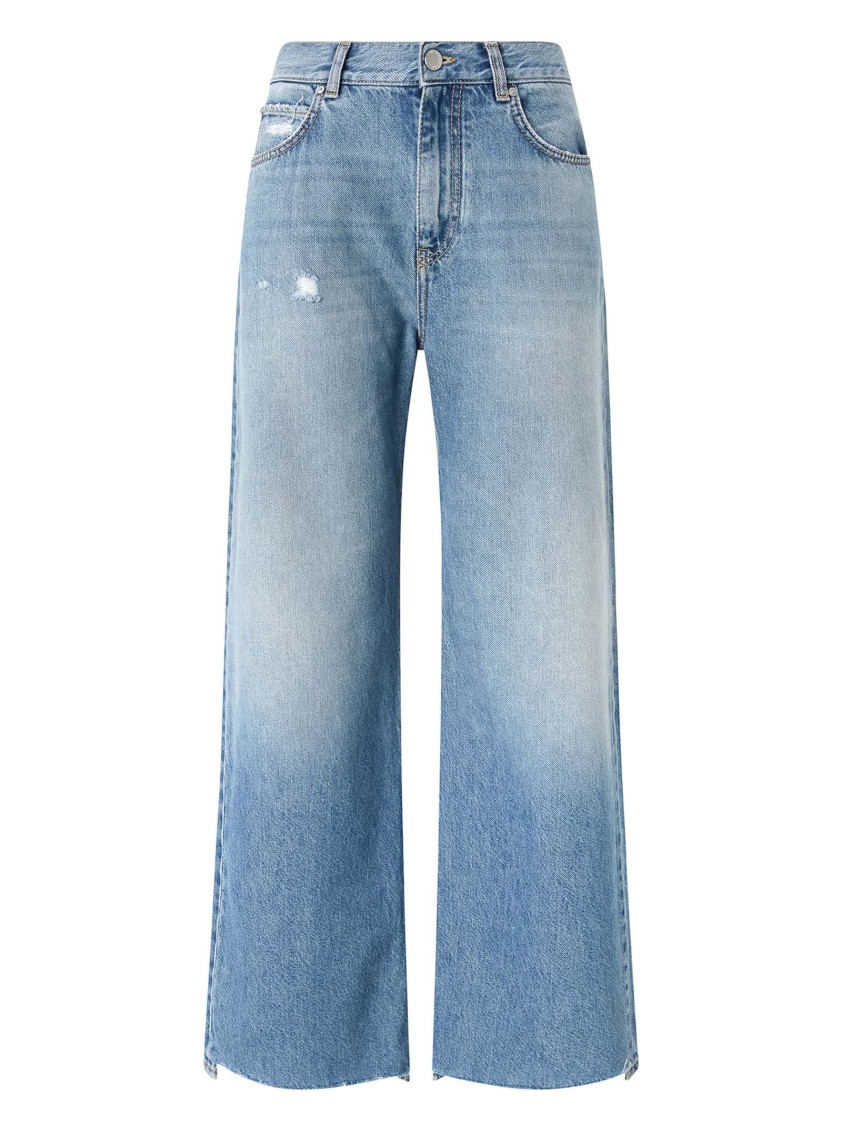 Pinko Wide-leg Palazzo Jeans With Distressing And Soft Texture In Blue