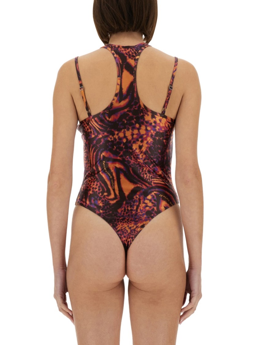 Shop Versace Jeans Couture Abstract Print Slim Fit Leotard With High Neckline In Brown