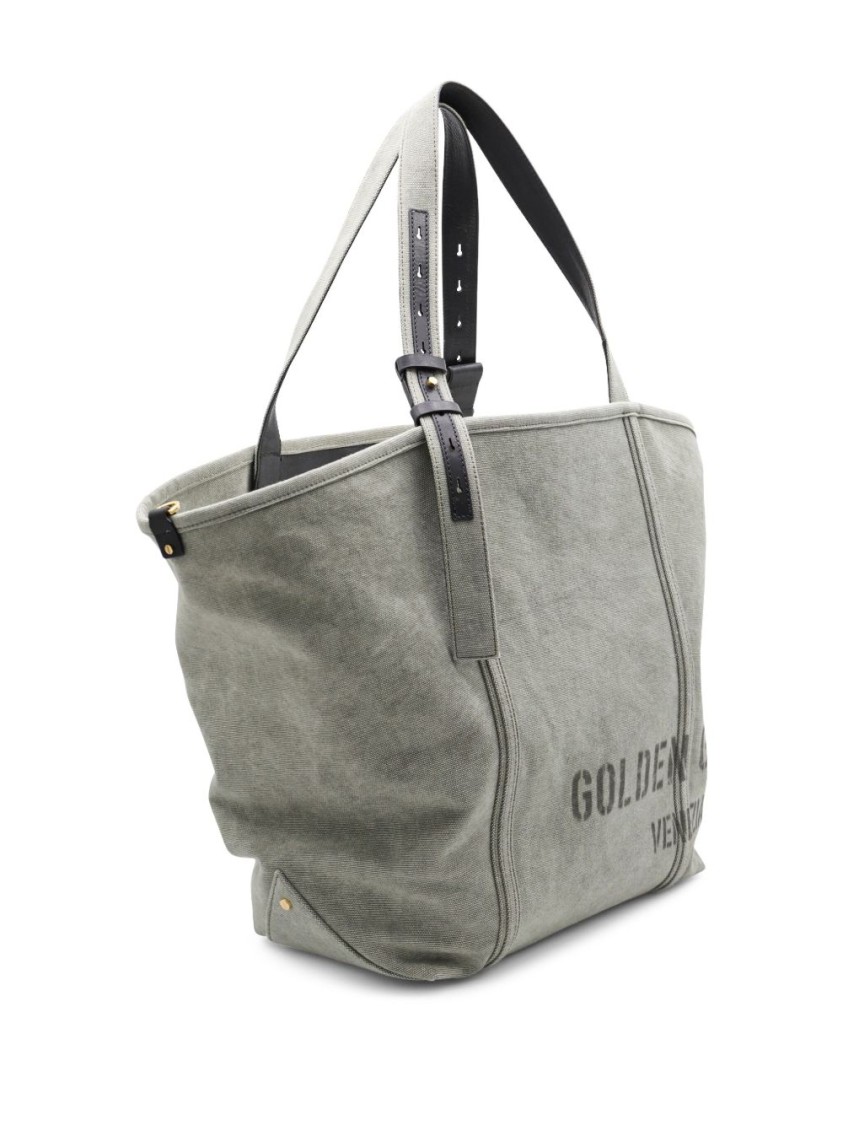 Golden Goose Sage Green Printed Logo Tote Bag With Structured Silhouette In Green