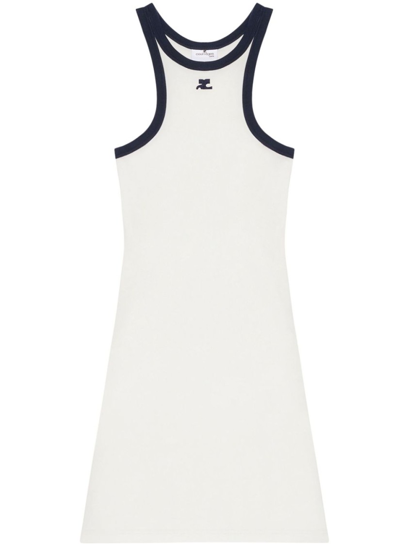 Courrèges White Cotton Mini Dress With Navy Blue Details And Halter Neck In White