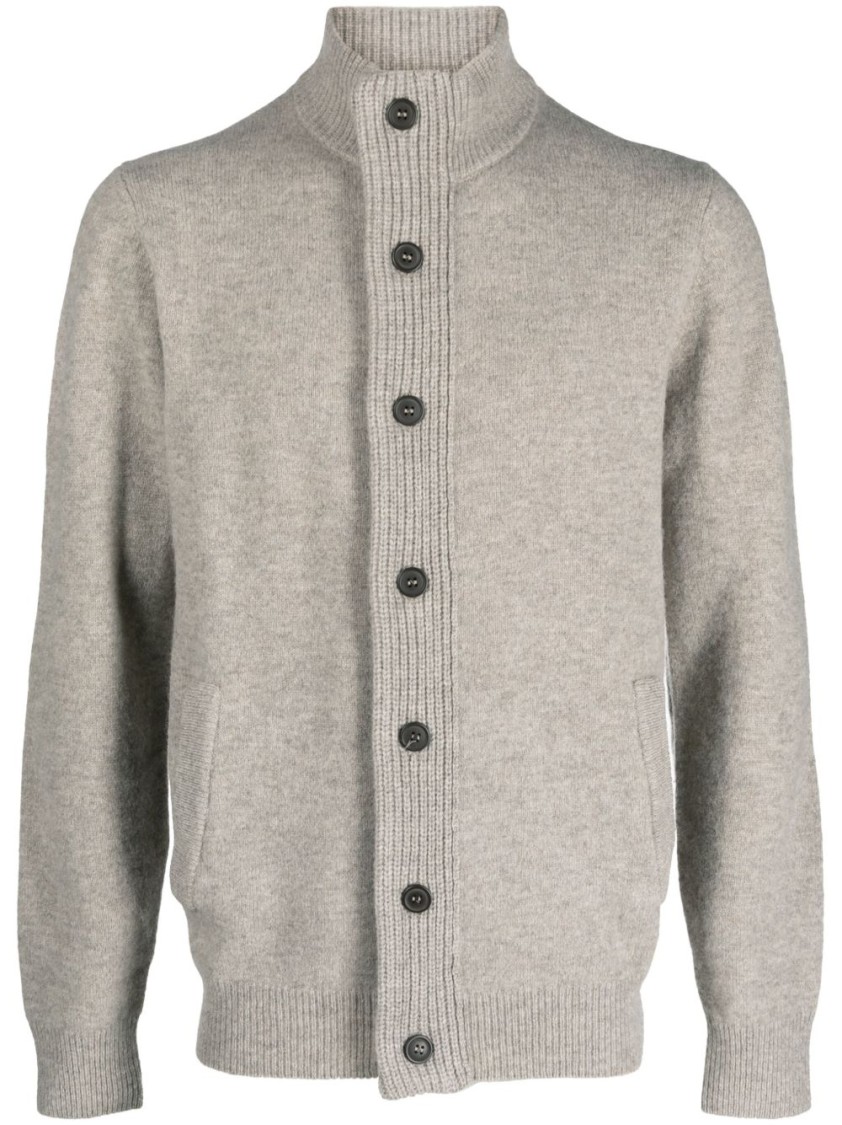Barbour Fine Knit Wool Zip-through Sweater With High Neck And Button Closure In Gray
