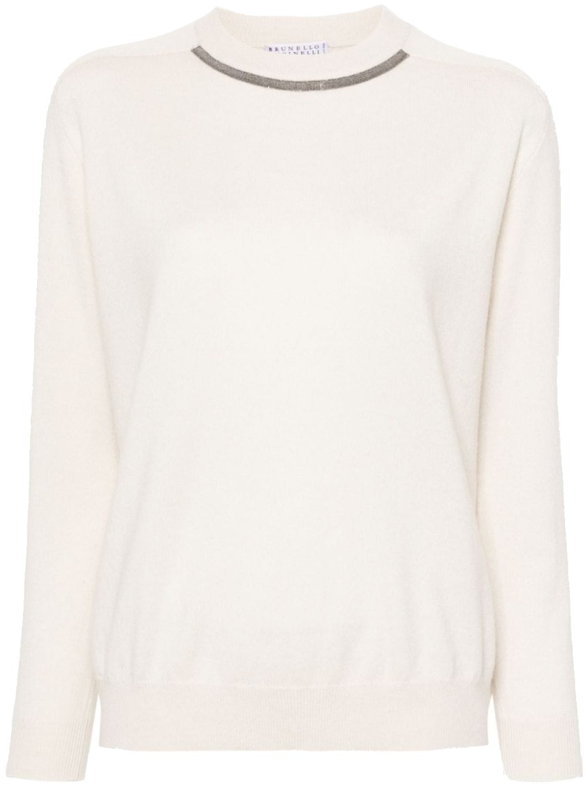 Brunello Cucinelli Crew Neck Long Sleeve Knit Sweater In White