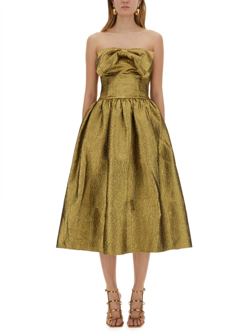 Self-portrait Metallic Jacquard Bow Midi Dress In Gold
