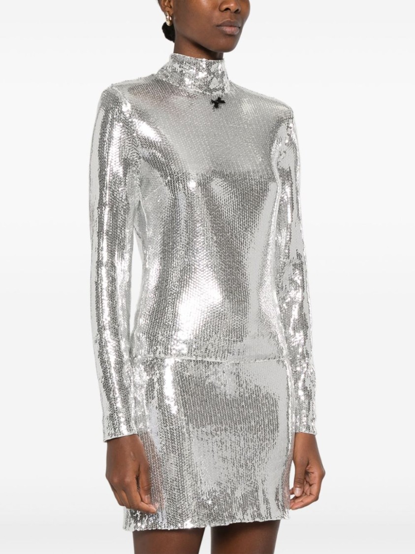 Rotate Birger Christensen High-collar Sequinned Top In Silver