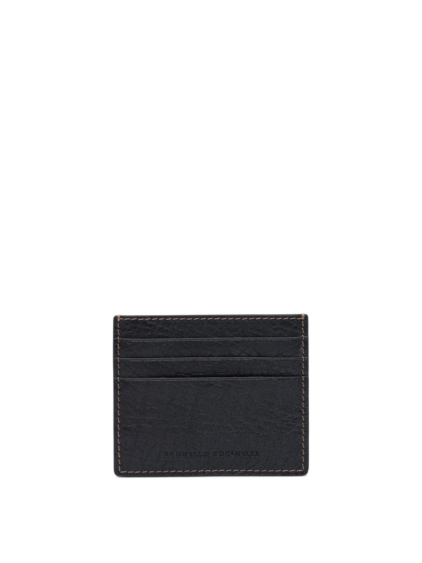 Brunello Cucinelli Black Leather Wallet With Textured Finish In Black