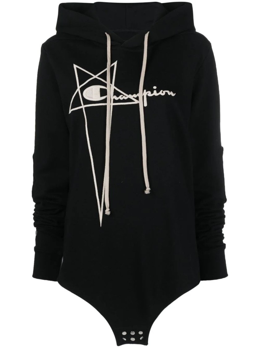 Rick Owens X Champion Logo-embroidered Organic-cotton Hoodie In Black