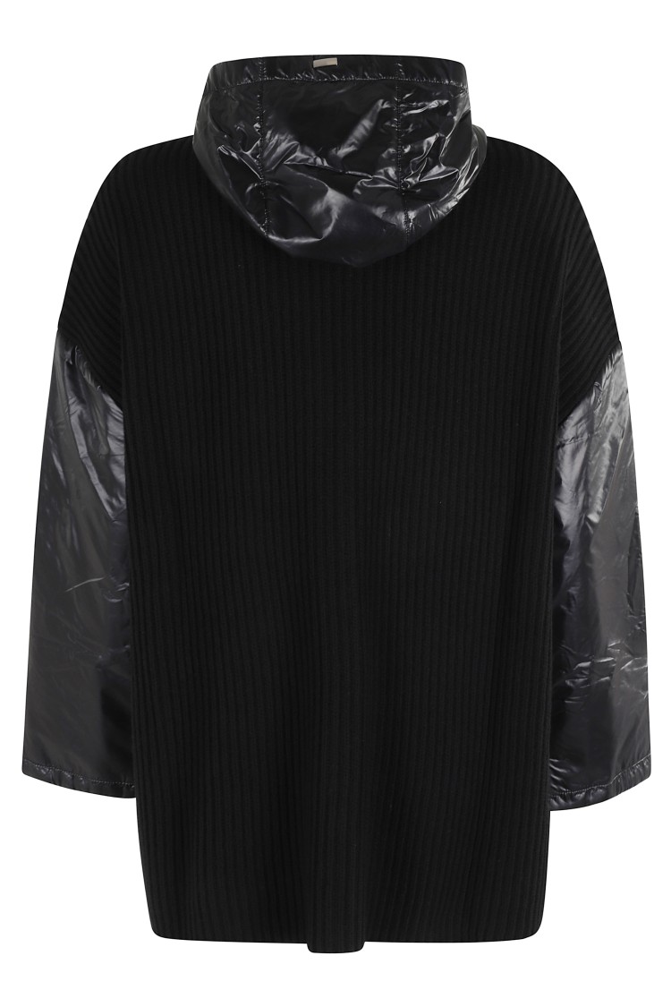Herno Ribbed Wool Cape With Drawstring Hood And Contrasting Sleeves In Blue