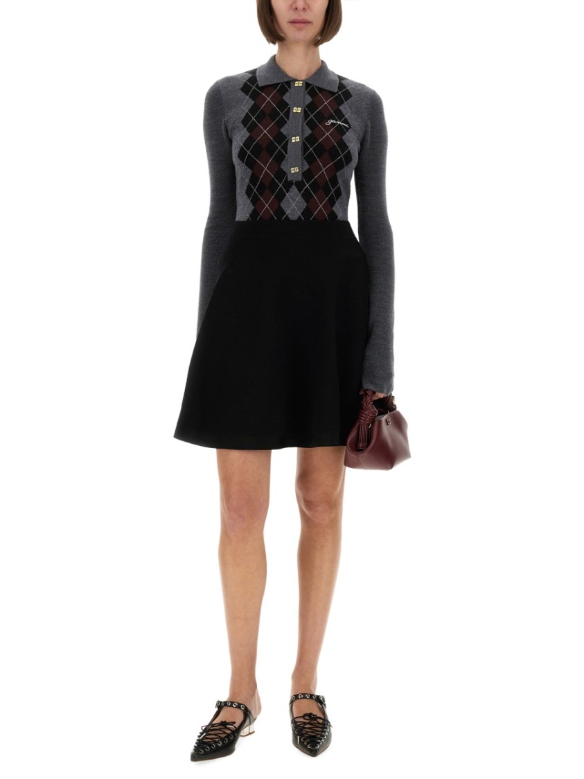 Ganni Grey Sweater With Classic Collar And Check Motif On The Front In Wool Woman In Gray