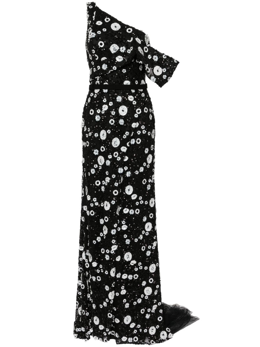 Saiid Kobeisy Tulle Gown With Envelope Skirt And Off The Shoulder Sleeve And Tulle Tail In Black