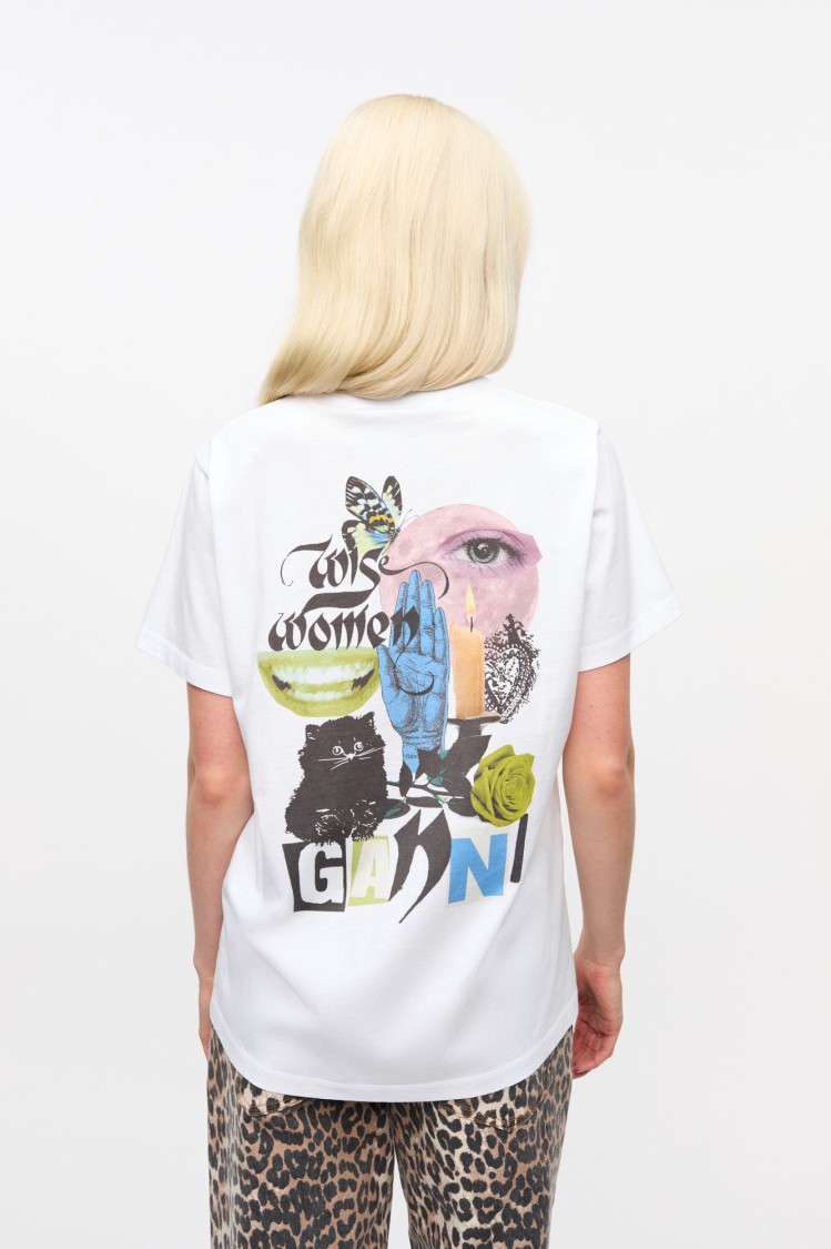 Ganni Relaxed-fit White Jersey T-shirt With Graphic Print In White