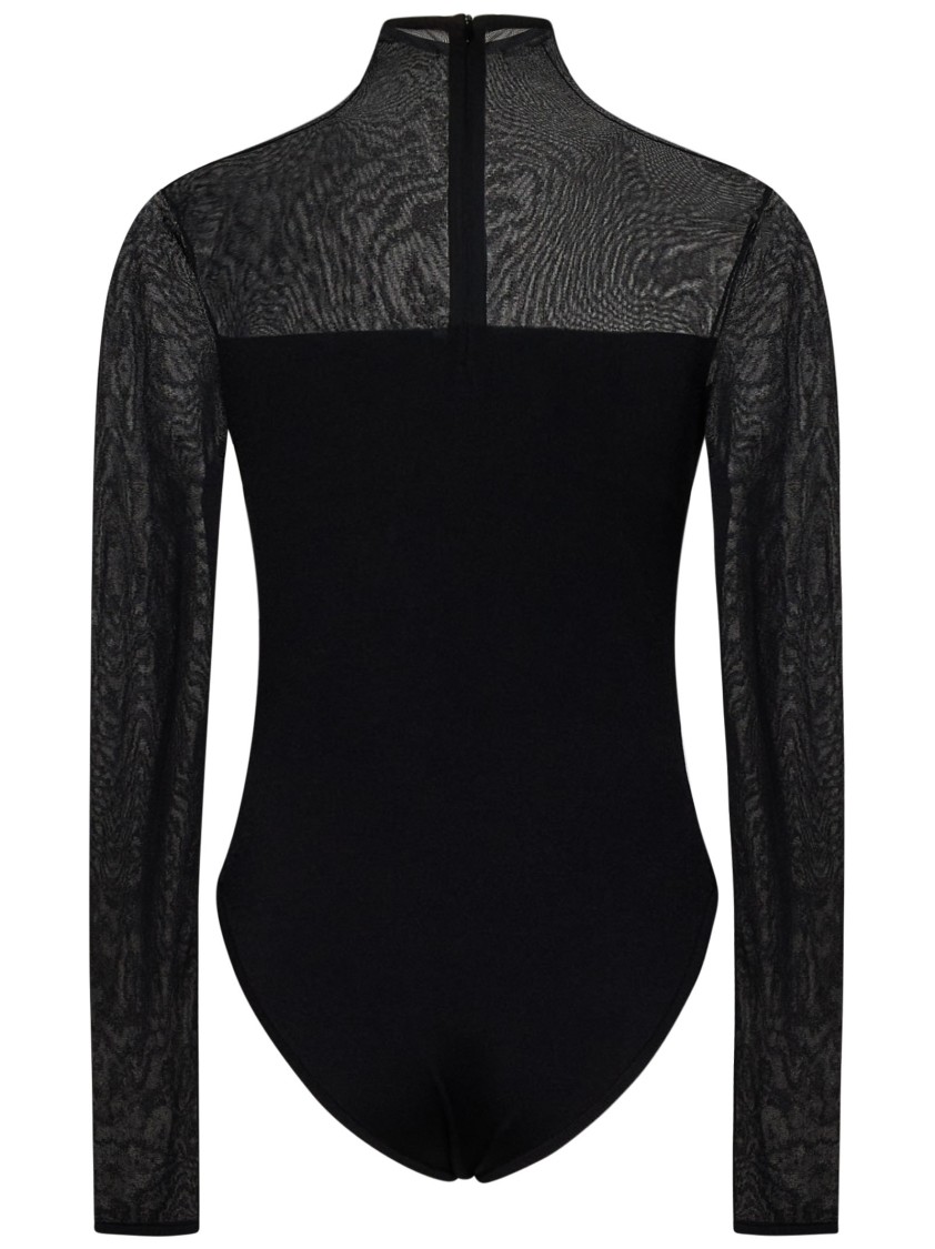 Nensi Dojaka Asymmetric Line Bodysuit With Sheer Sleeves And High Neck In Black