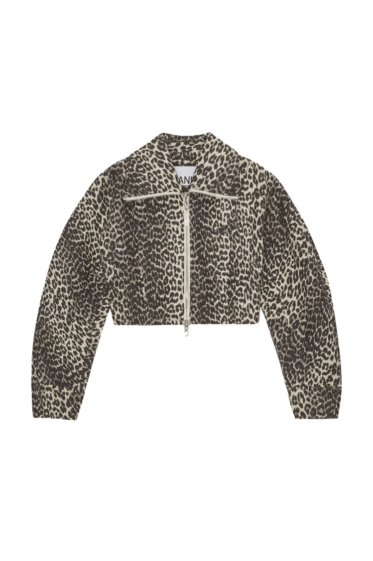 Ganni Leopard Print Cropped Jacket With Curved Sleeves In Animal Print