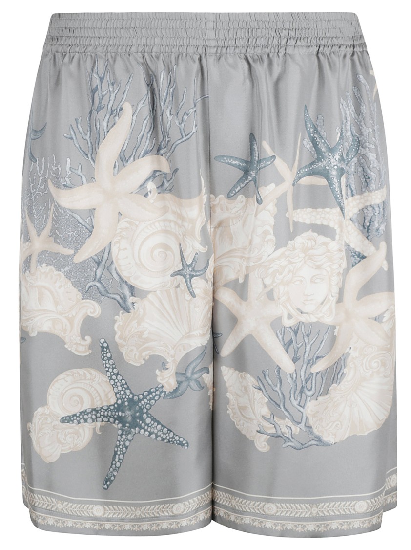 Versace Relaxed Fit Shorts With Seashell Print In Gray