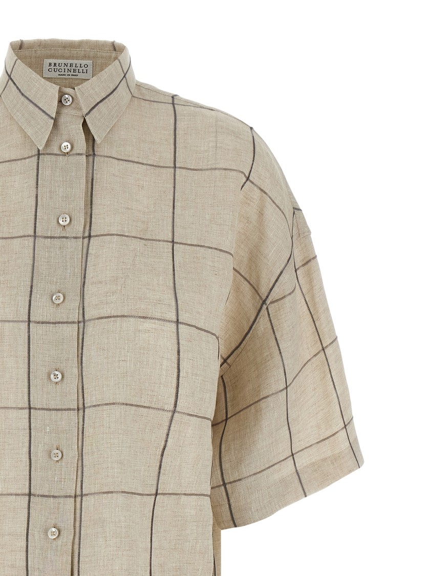 Brunello Cucinelli Linen Shirt With Micro-sequin Check Embroidery In Neutral